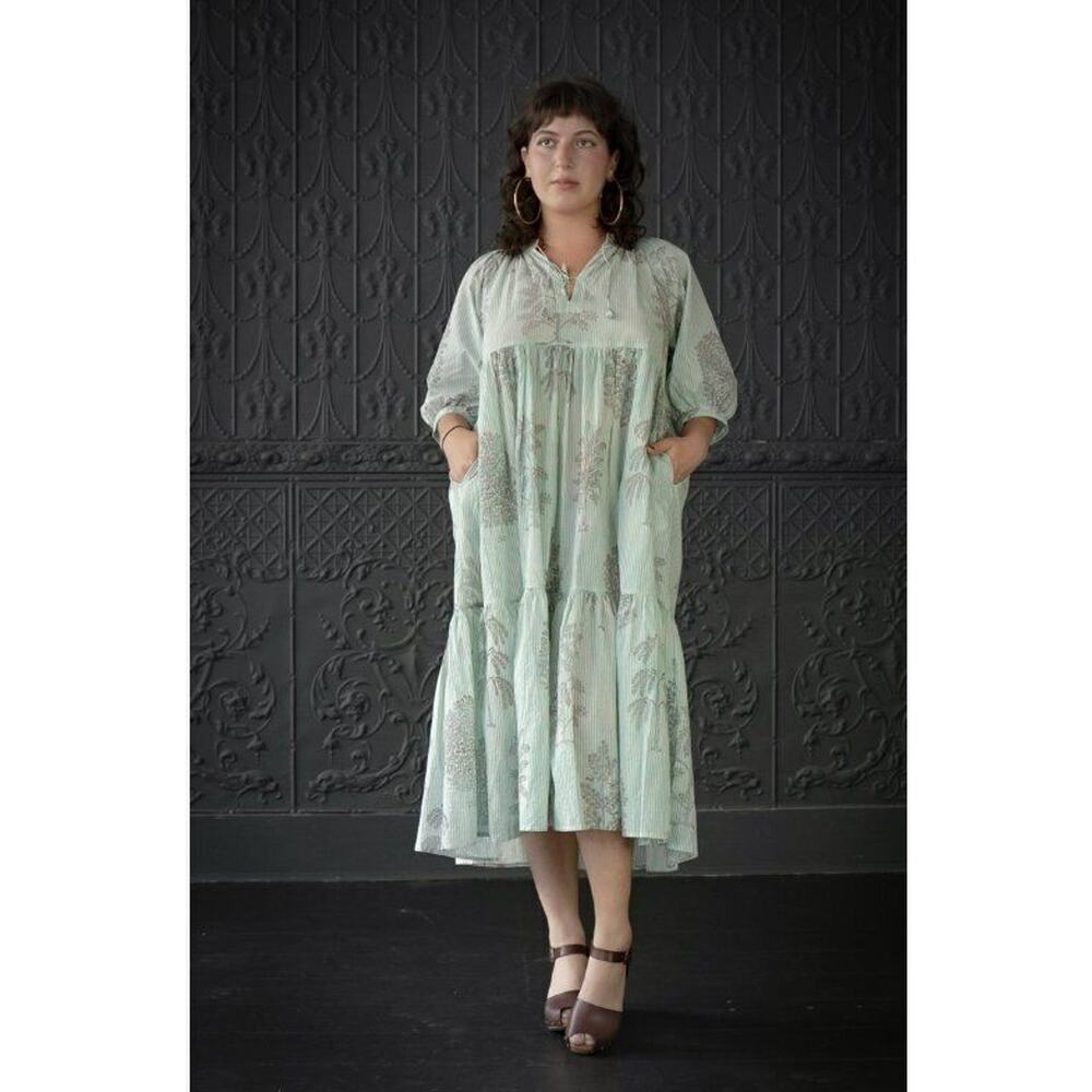 MATTA Sz S Small Aqua Stripe Short Elbow Sleeve Midi Dress Cotton Katia Trees - Picture 11 of 11